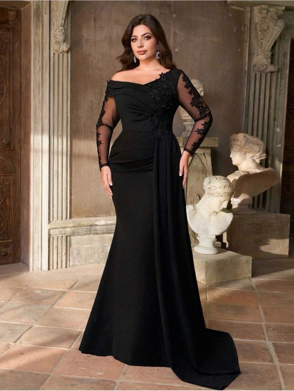 SHEIN Black Off-Shoulder Lace Sleeve Maxi Dress *NWT*